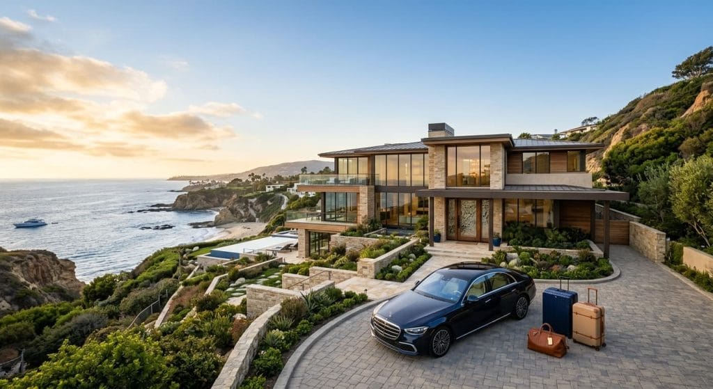 Modern luxury home on a scenic California hillside representing a vacation rental property asset.