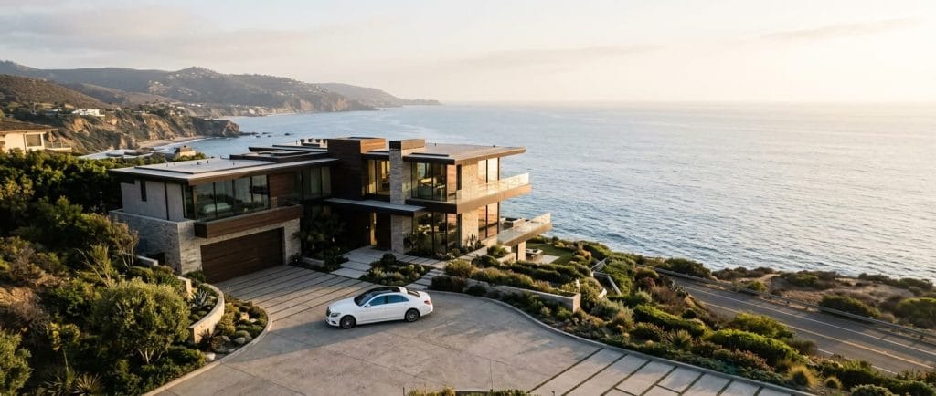 Modern luxury home on a hillside overlooking a California highway with a parked sedan.