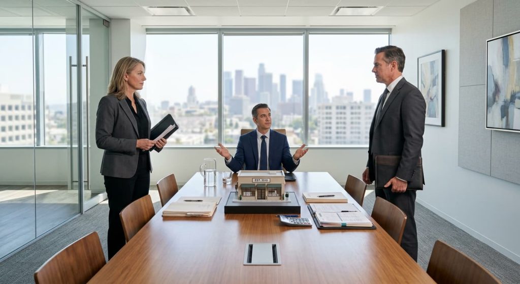 Divorcing couple and attorney dividing a business at a conference table in an Orange County divorce, with a storefront model and financial documents.