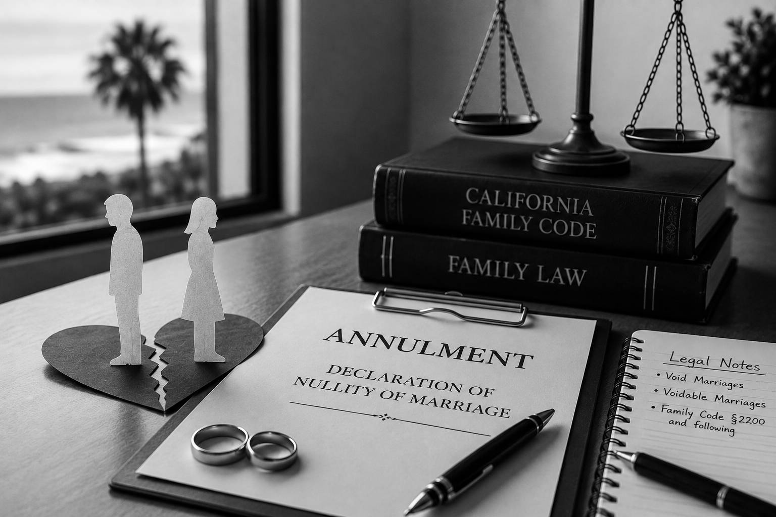 Black and white legal scene representing annulment and the declaration of nullity of a marriage under California law