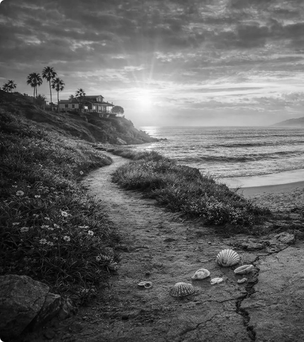 Coastal path leading to a house on a cliff with palm trees, overlooking the ocean at sunrise.