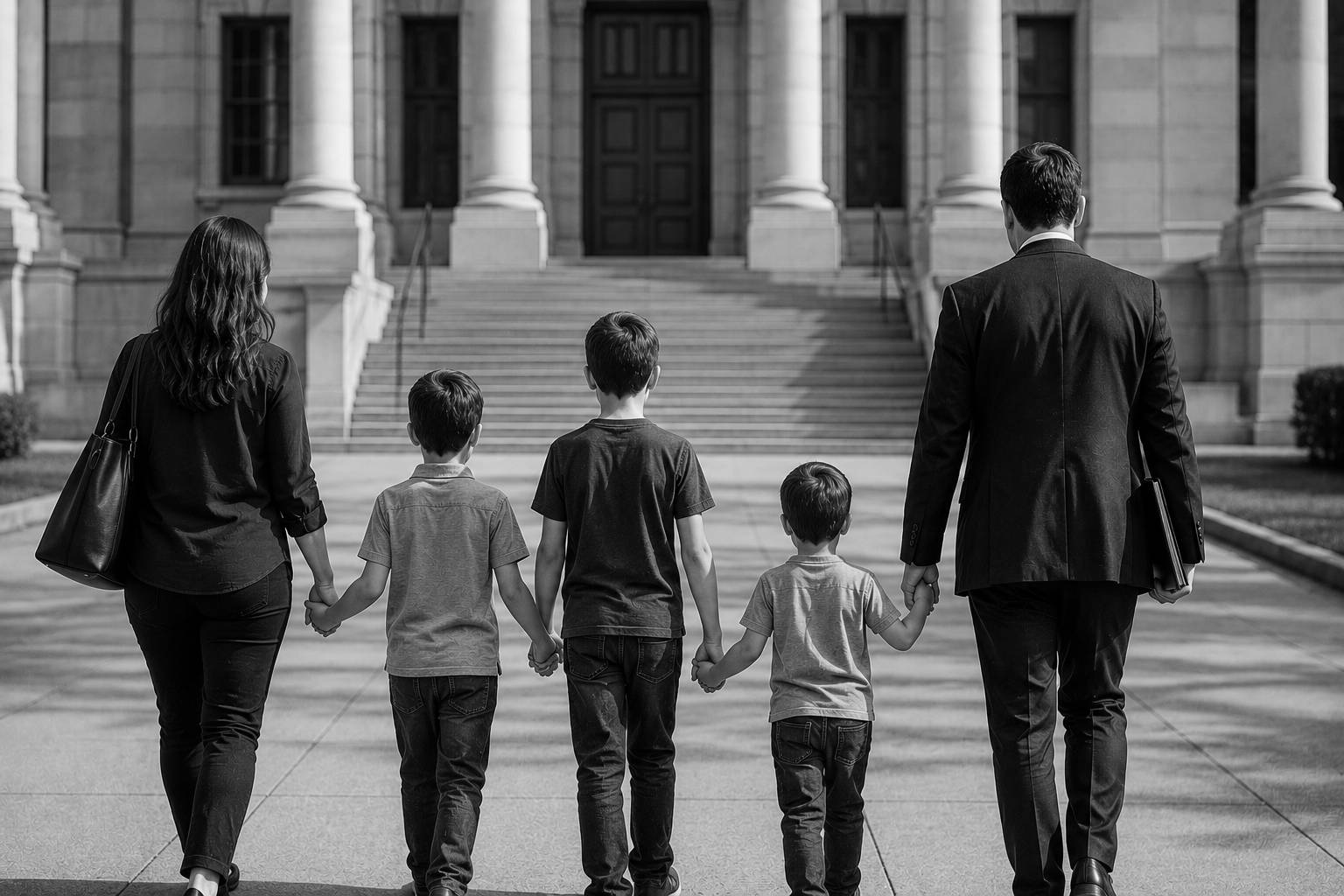 Black and white image of parents walking with their three boys toward a courthouse, representing the California divorce process.