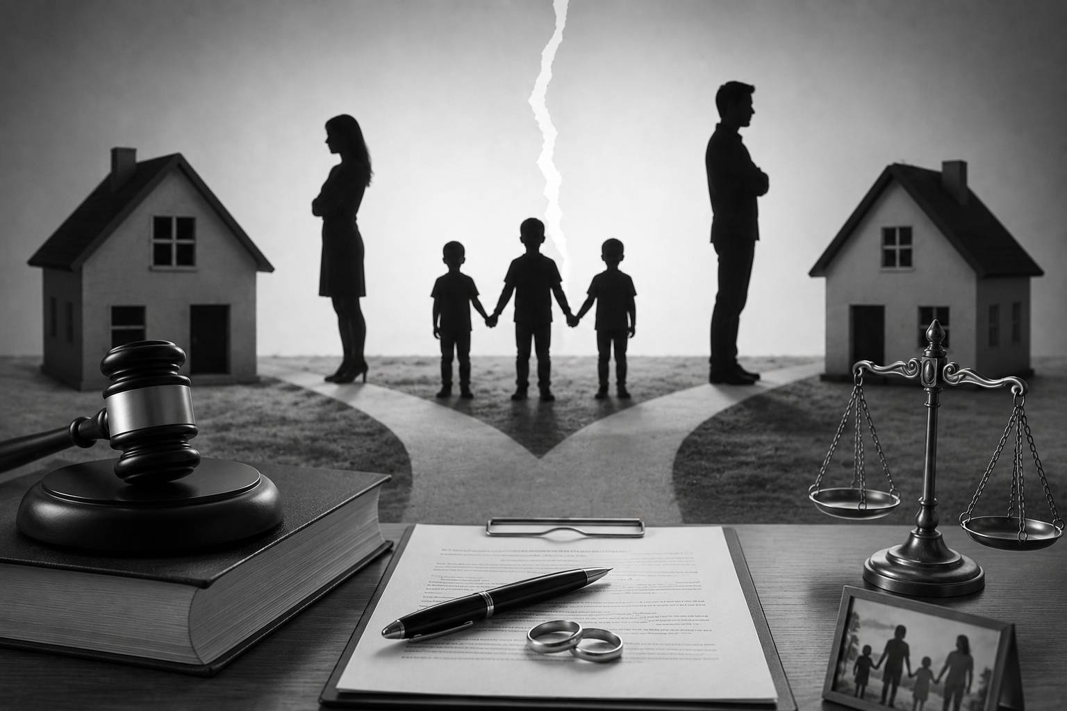 Black and white illustration of separated parents and three children standing between two homes, symbolizing different divorce paths and family law decisions.