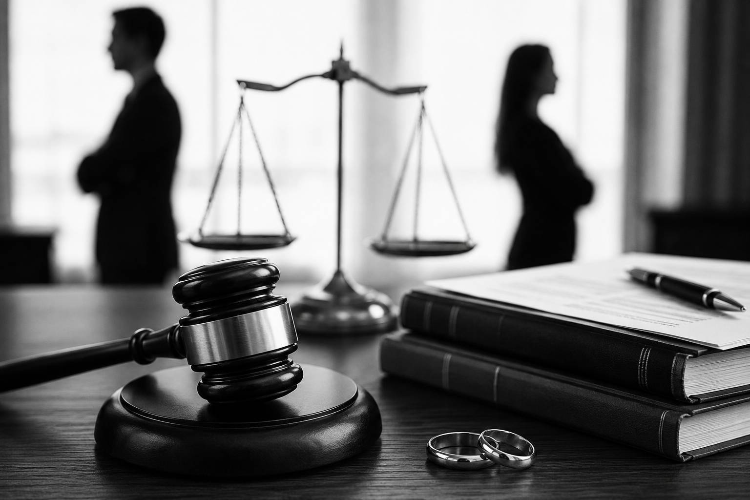 Black and white image of a courtroom gavel, wedding rings, legal books, and a balance scale representing the California divorce process.