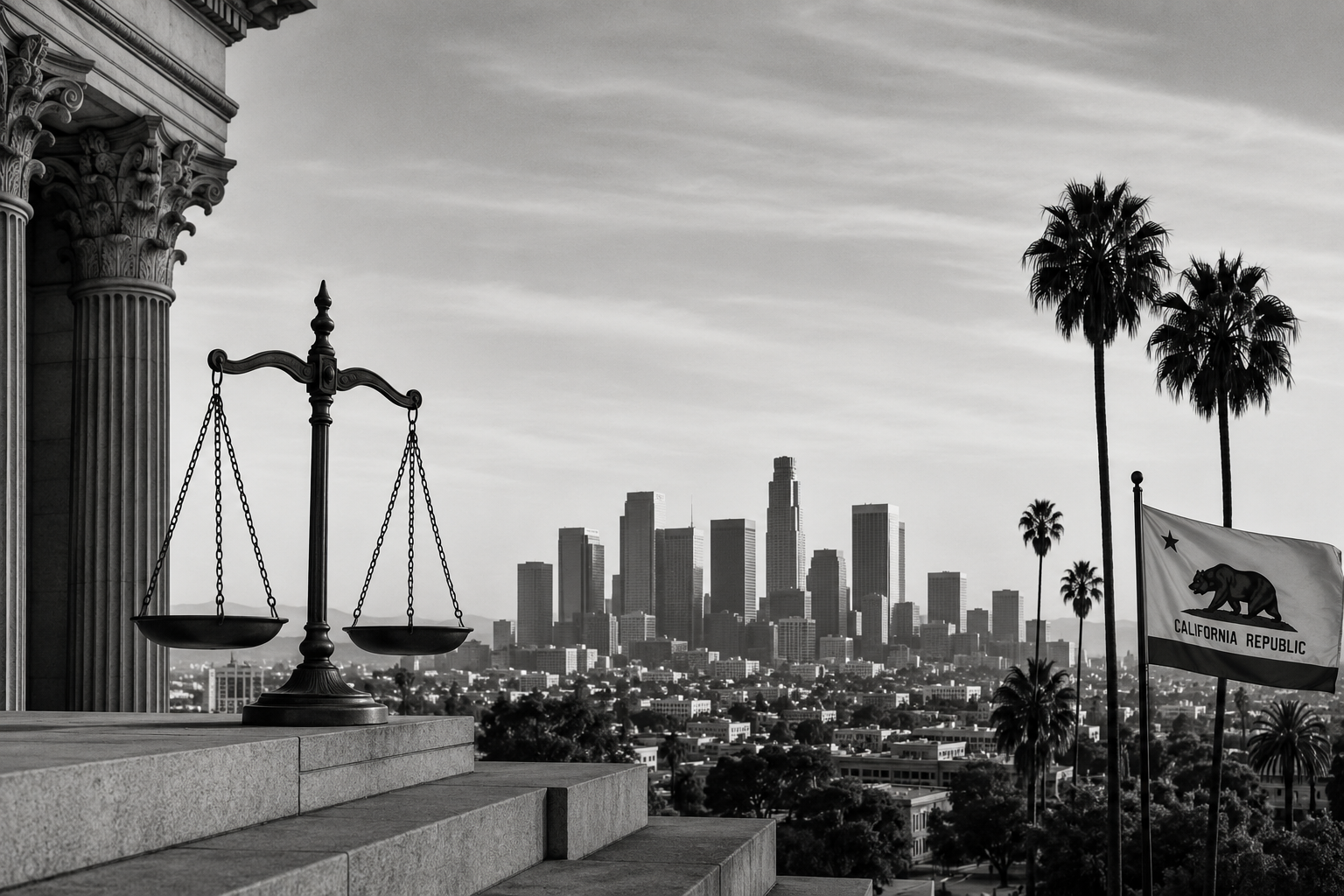 Scales of justice overlooking a black-and-white skyline of Los Angeles.