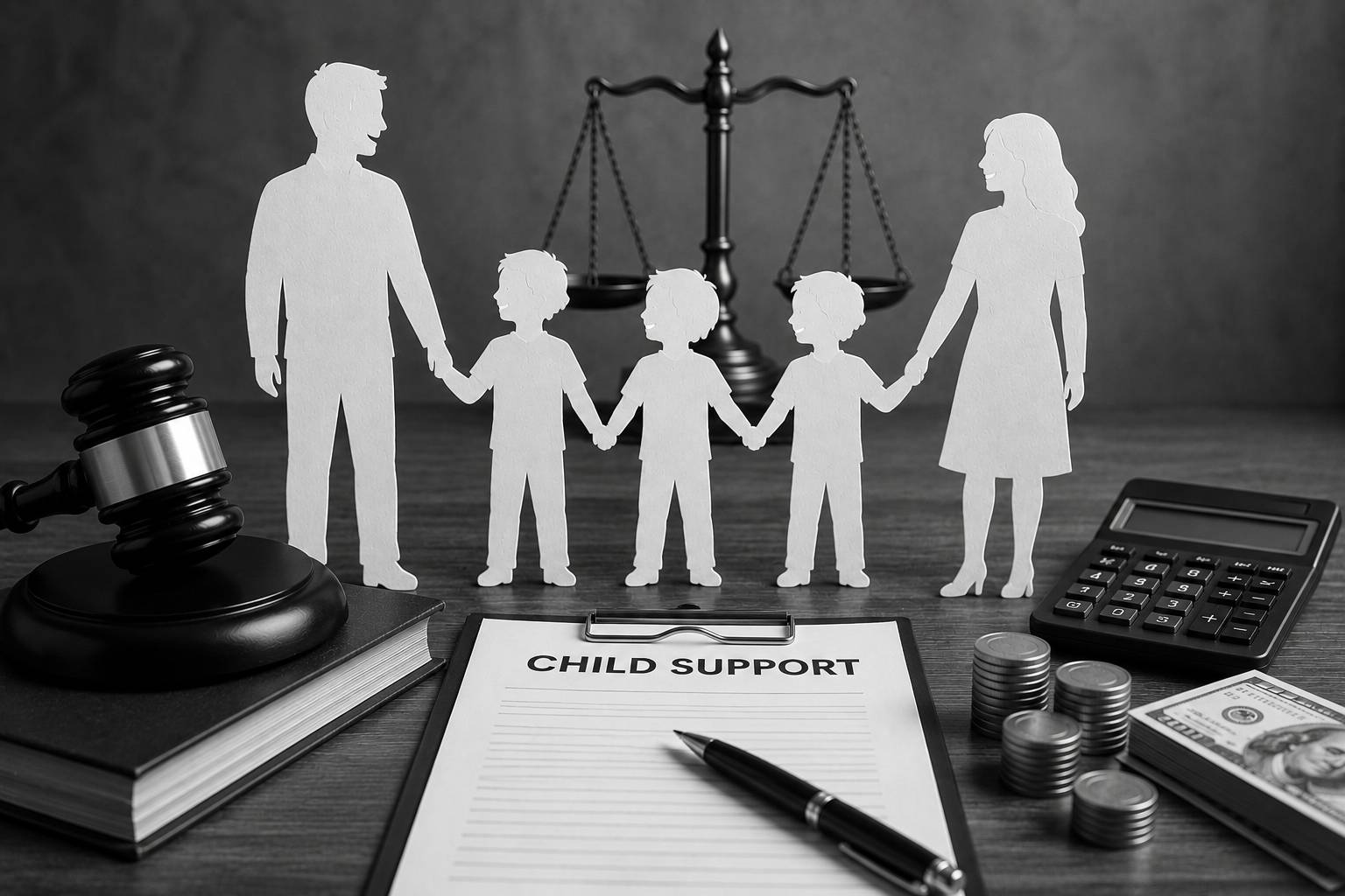 Black and white image of three happy boys smiling together, with child support documents, a calculator, money, and family law symbols in the background.