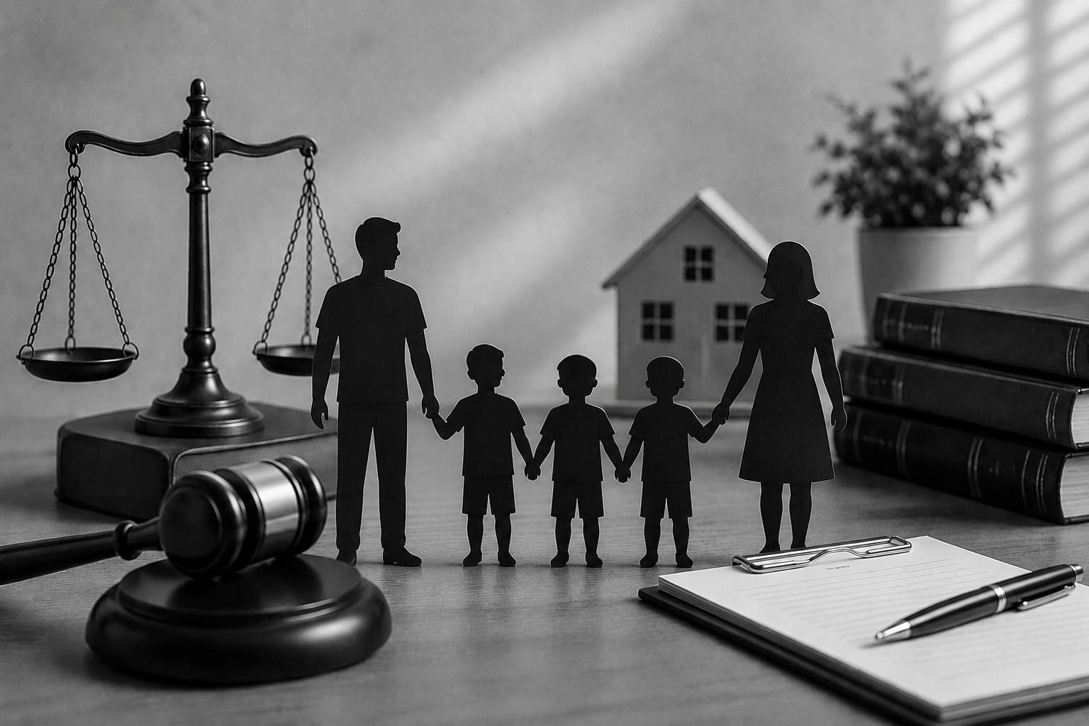 Black and white image of a father reunited with his three sons during parenting time, symbolizing child visitation and parental rights.