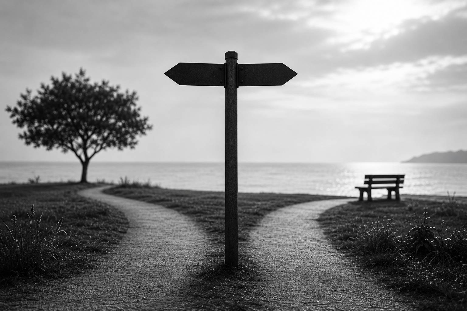 Black-and-white coastal scene with a forked path and blank signpost, symbolizing an important decision about the future of a marriage.