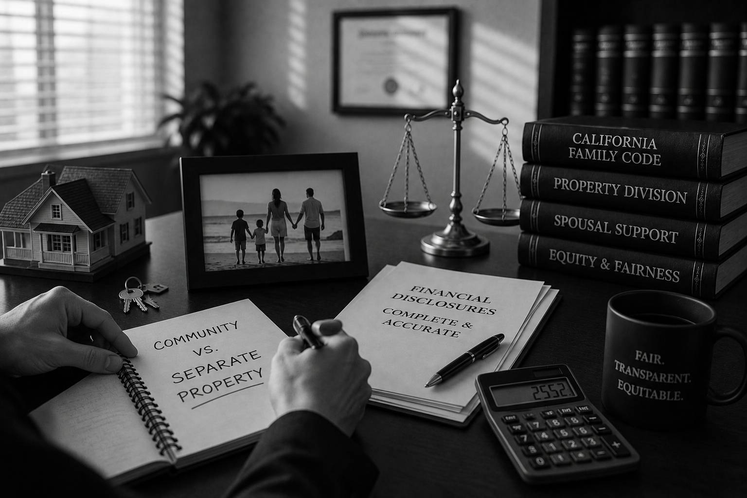 Black and white legal consultation scene representing community and separate property, financial disclosures, asset valuation, and fair property division in California divorce cases