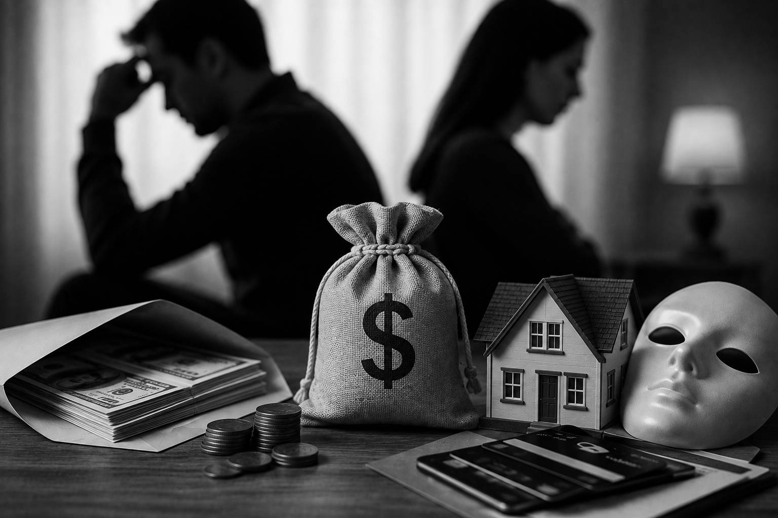 Black-and-white conceptual scene showing hidden cash, a money pouch, coins, a house model, financial cards, and a mask representing concealed assets during divorce.