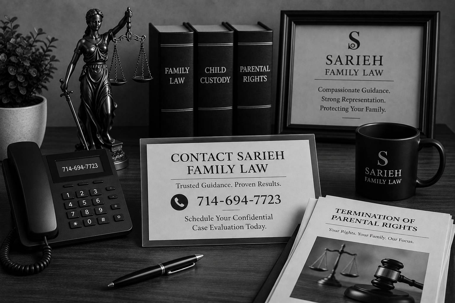 Black and white family law office scene with a telephone, legal books, Lady Justice, consultation materials, and documents representing confidential legal guidance for parental rights cases.