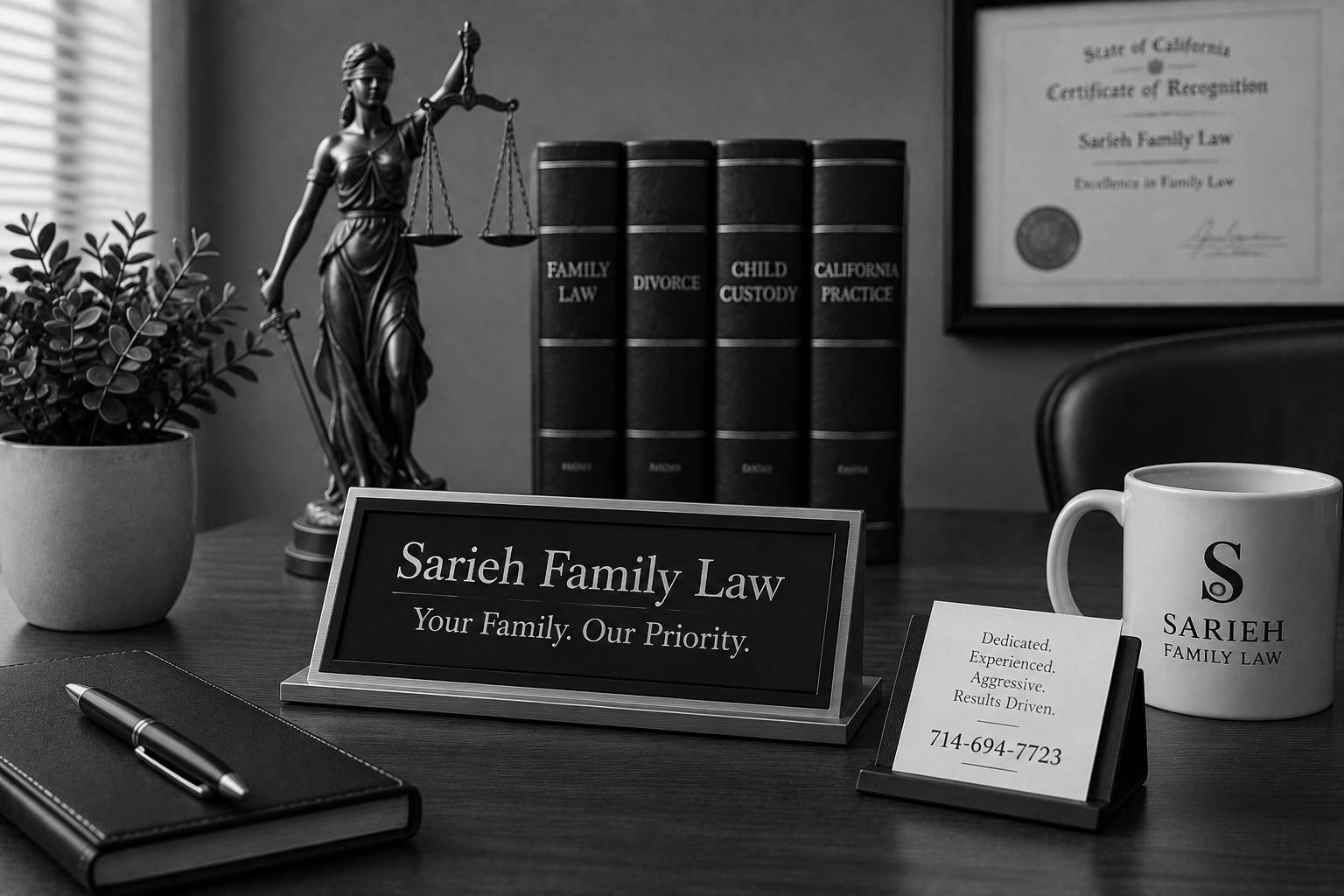 Black and white family law office scene with justice scales, gavel, legal books, consultation desk, and California office setting representing experienced Request for Order attorneys.