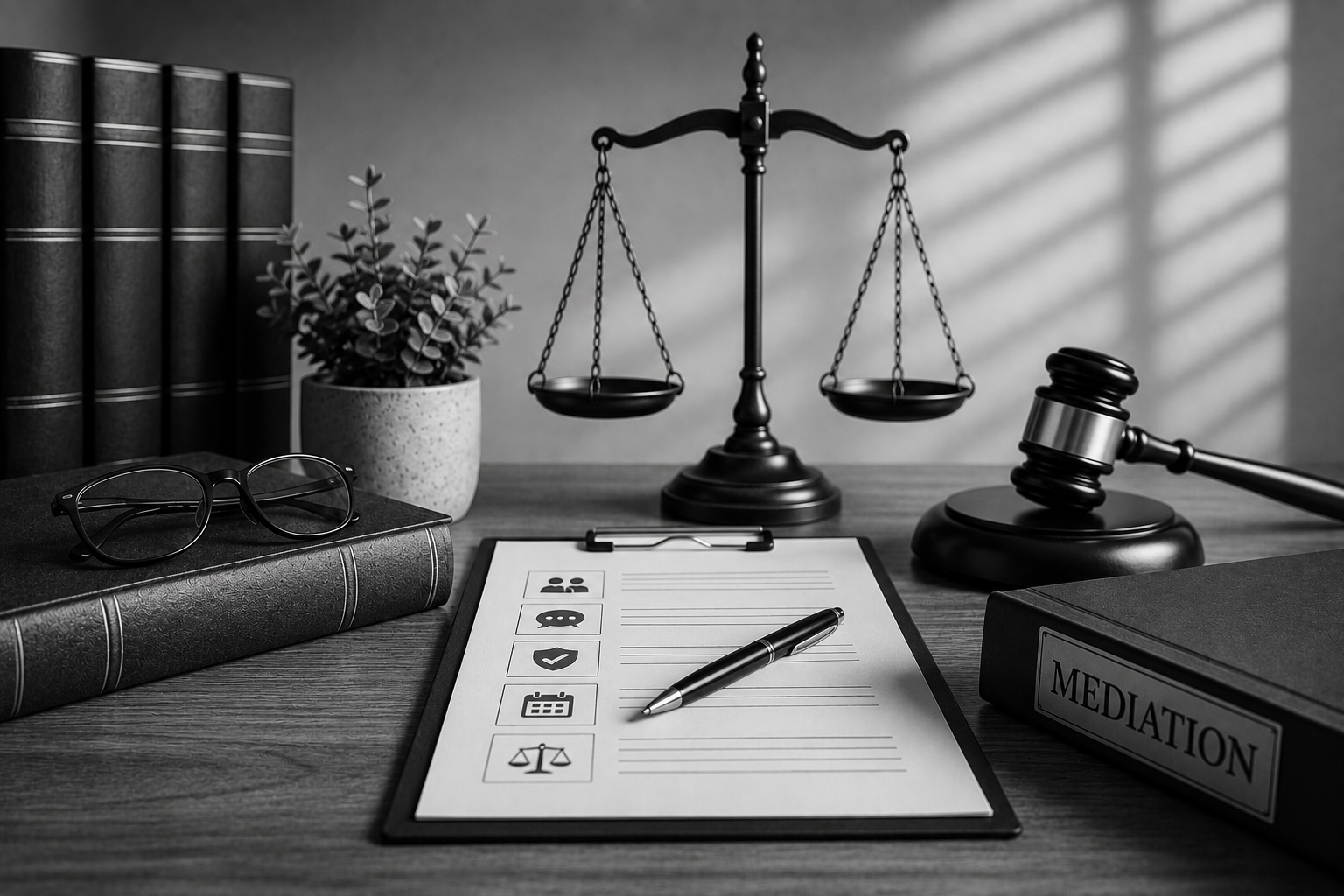 Black and white legal desk scene with justice scales, gavel, checklist, legal books, and mediation materials representing the court’s review of grandparent visitation.