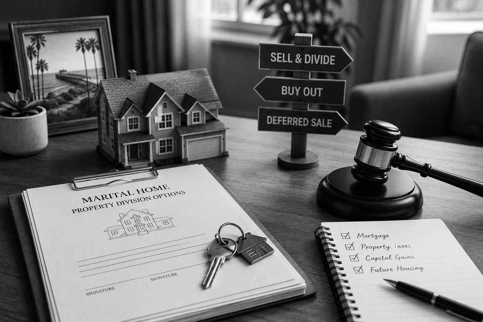 Black-and-white scene featuring a model home, house keys, property division paperwork, financial checklist, gavel, and directional signs representing options for dividing a marital home.