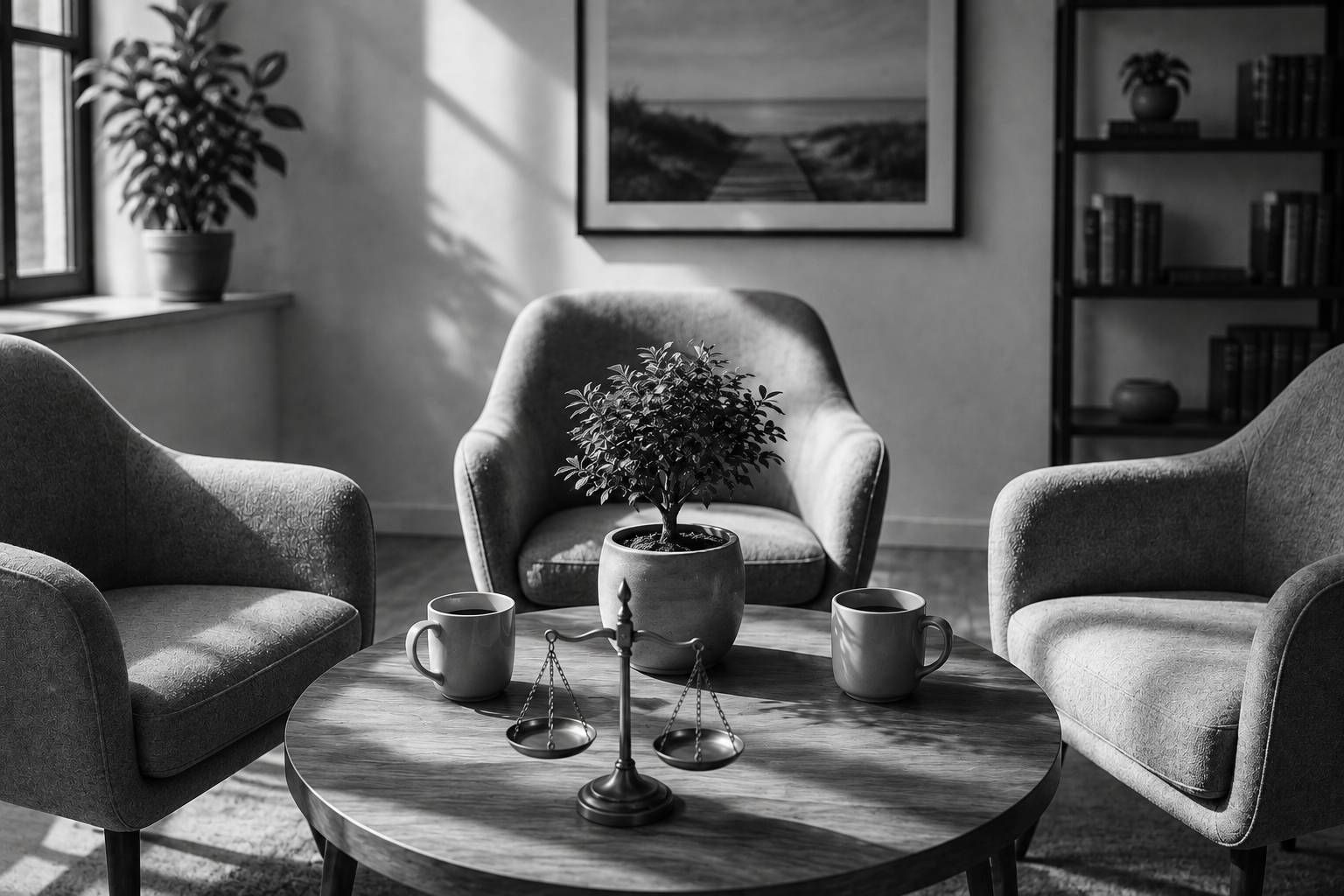 Black and white mediation room symbolizing balanced negotiations and peaceful conflict resolution during divorce