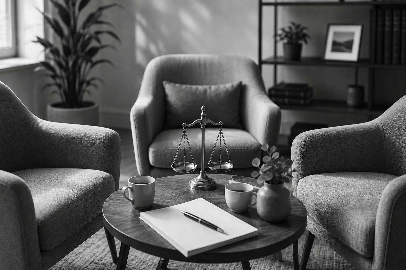 Black and white mediation setting representing cooperation, balanced negotiations, and peaceful divorce resolution in Orange County