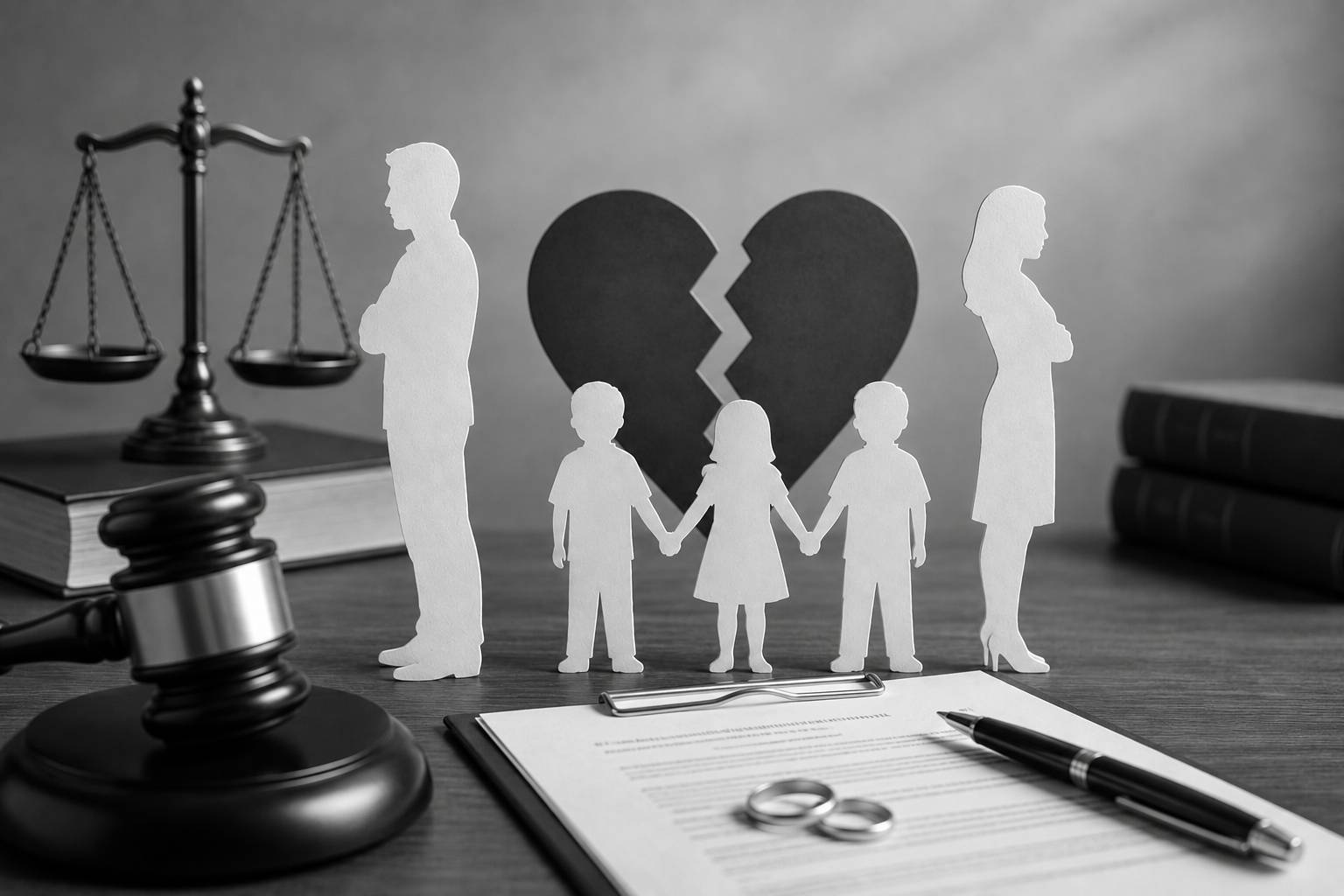 Black and white illustration of separated parents with three children, legal documents, wedding rings, and symbols of family law.