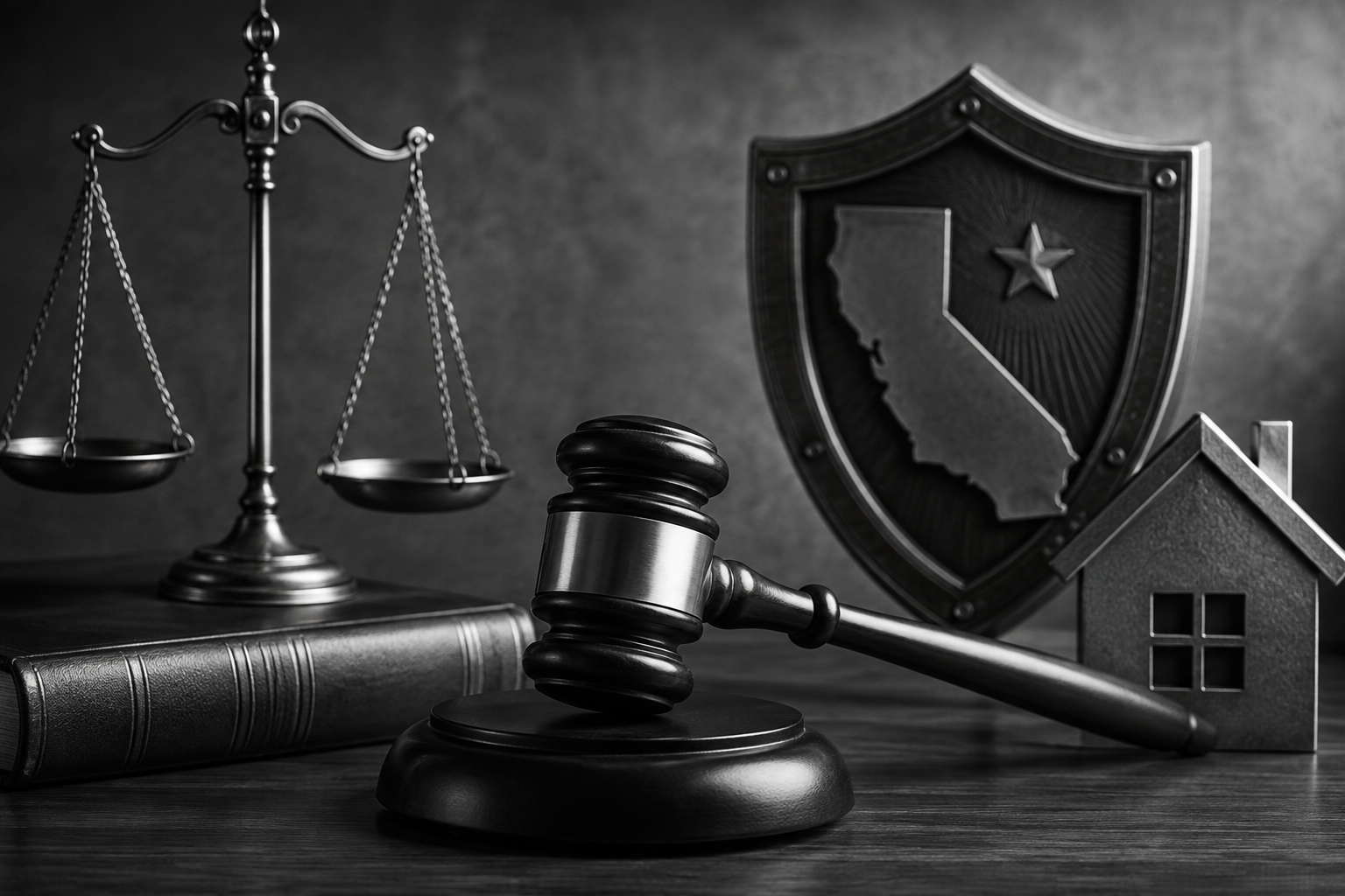 Scales of justice, gavel, and California shield representing law and legal principles.