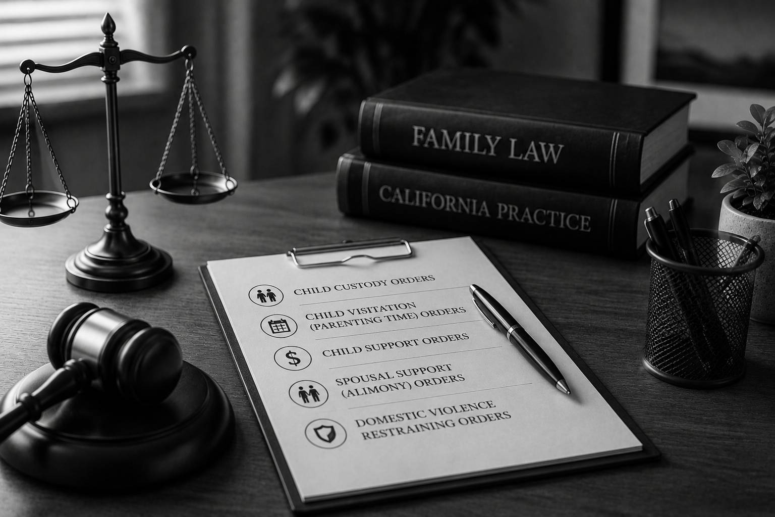 Black and white family law scene representing custody, visitation, child support, spousal support, and restraining order modifications