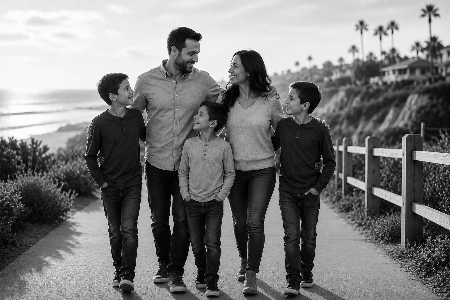 Happy family of parents and three sons walking together along a coastal path, representing family stability and child custody considerations in a relocation case