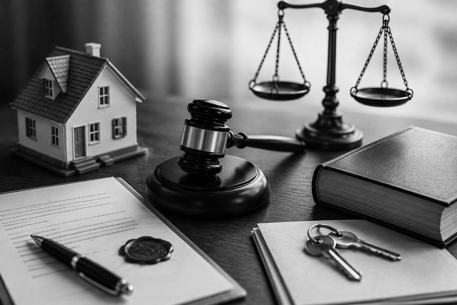 Black-and-white legal scene with a gavel, house model, sealed court document, keys, law book, and scales of justice symbolizing final property division.