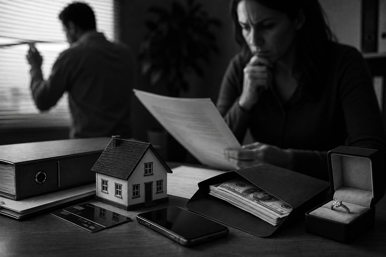 Black-and-white scene showing financial documents, a house model, hidden cash, a phone, a credit card, and jewelry while a couple appears tense in the background.