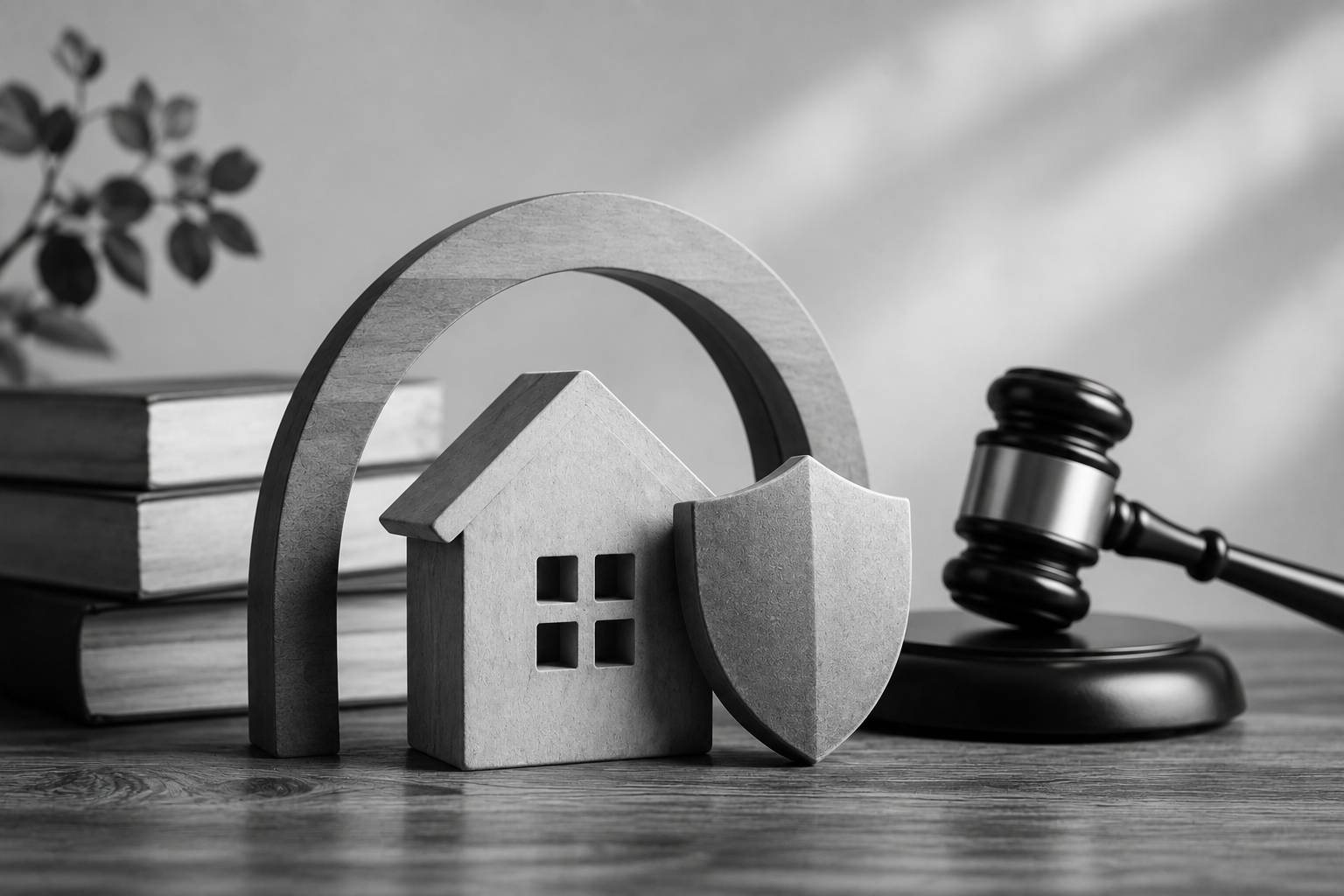 Black and white still life featuring a family home, protective shield, gavel, and law books symbolizing grandparents’ visitation rights and family law.