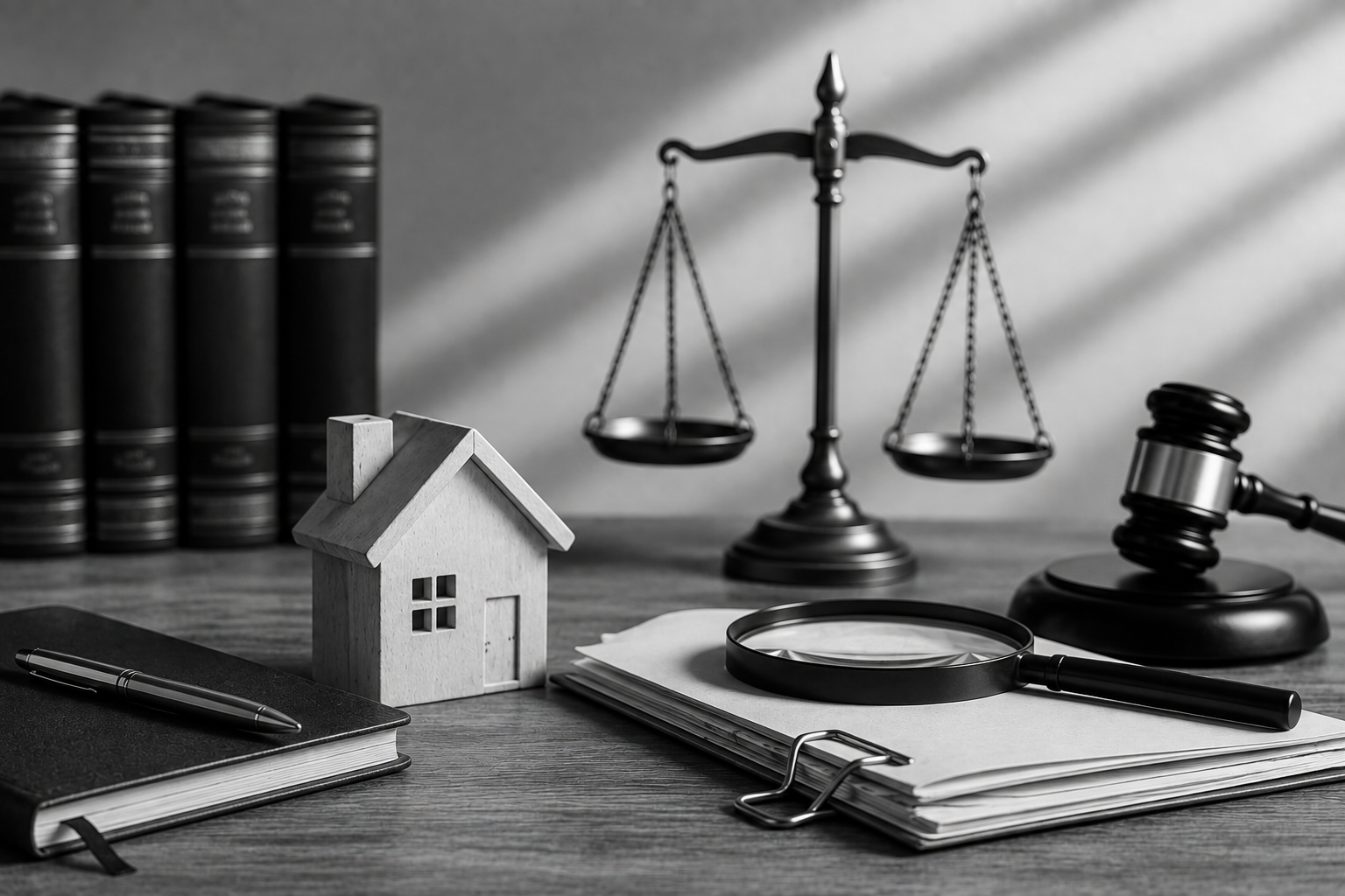 Black and white legal still life with a house model, justice scales, gavel, case files, magnifying glass, and law books representing grandparents’ rights.