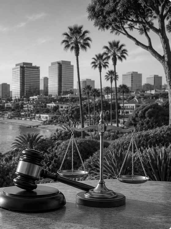Gavel and balance scales with a city skyline and palm trees in black and white.