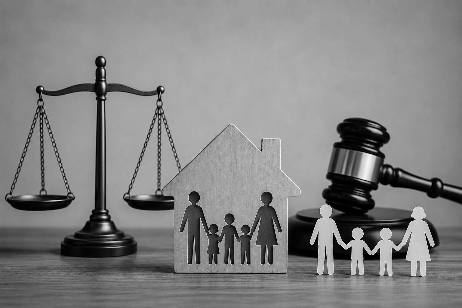 Black and white illustration symbolizing guardianship, child custody, and grandparents’ rights with a family of three children, a justice scale, and a judge’s gavel.