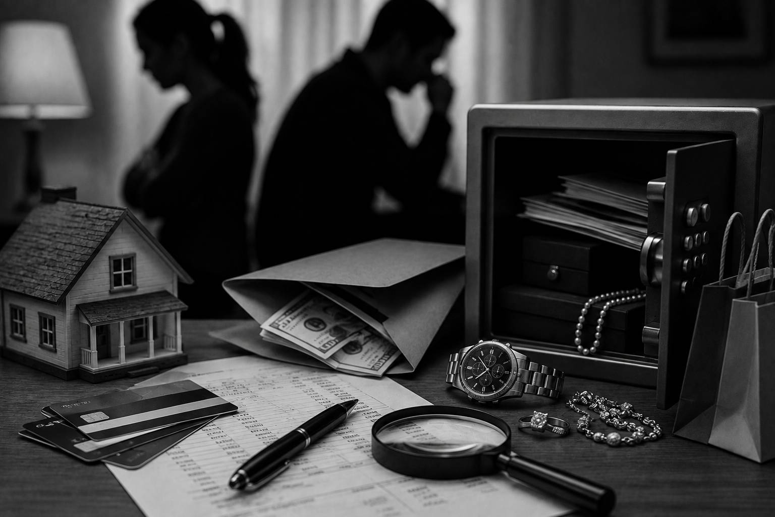 Black-and-white image showing an open safe, hidden cash, financial documents, credit cards, jewelry, a house model, and a magnifying glass symbolizing concealed marital assets.
