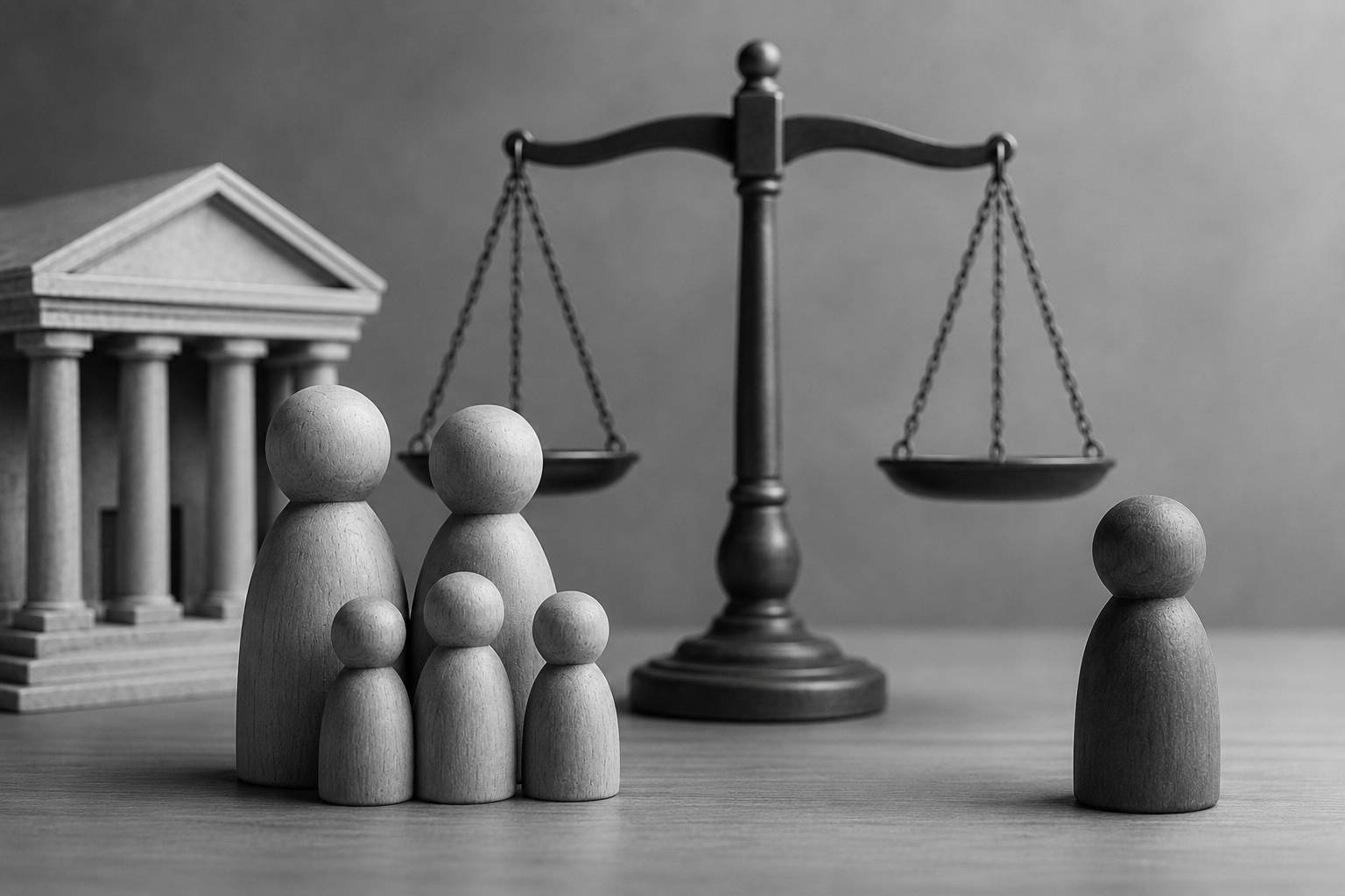 Black-and-white conceptual image showing a child with guardians, a separated parent, a courthouse, and a balanced legal scale representing guardianship and parental rights.