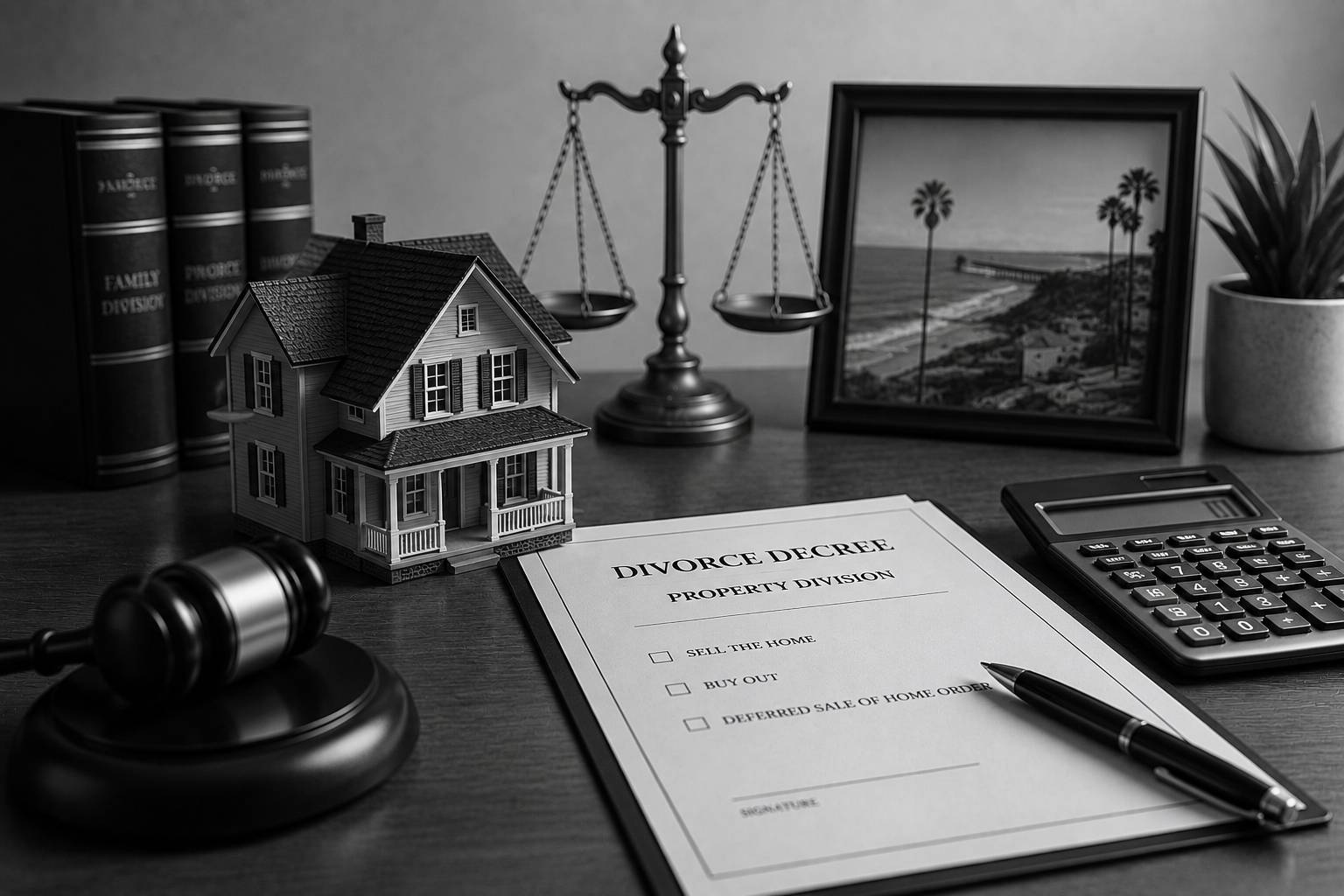 Black-and-white legal scene featuring a family home model, gavel, justice scales, calculator, legal documents, and pen symbolizing marital home property division in divorce.