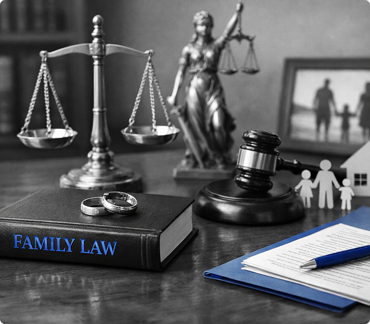 Family law book with wedding rings, scales of justice, Lady Justice statue, gavel, and legal documents on a wooden table.
