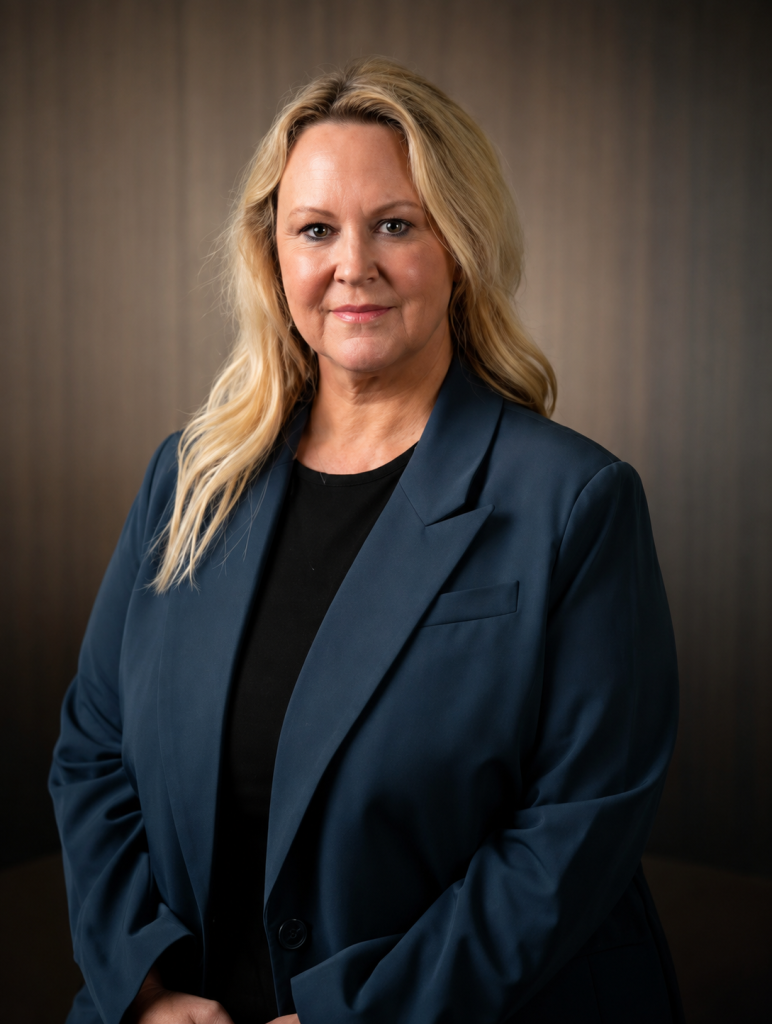 Professional woman with long blonde hair wearing a dark blue blazer and black top against a neutral background.