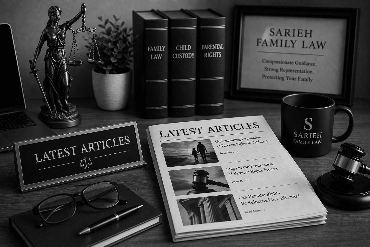 Black and white legal office scene with law books, Lady Justice, gavel, scales, and printed articles representing the latest California parental rights updates.