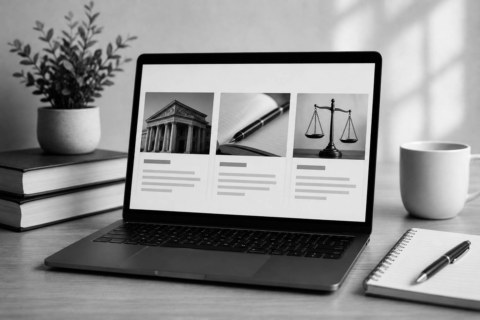 Black and white image of a laptop displaying legal articles with courthouse, legal writing, and scales of justice imagery.