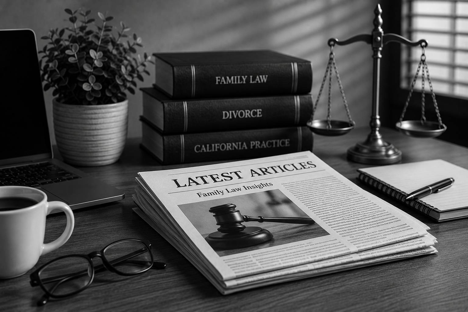 Black and white law office scene with legal books, justice scales, newspaper, notebook, laptop, and glasses representing the latest family law articles and legal insights.