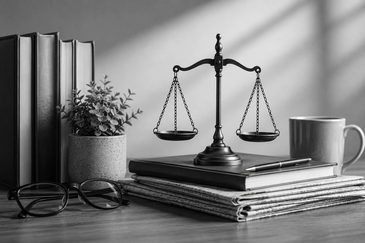 Black and white legal desk scene with justice scales, law books, newspapers, and a pen symbolizing family law and grandparents’ rights.