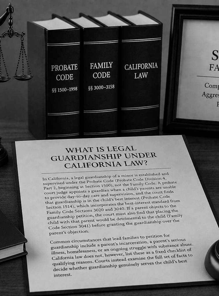 Black and white law office scene with Lady Justice, Probate Code and California law books, gavel, legal documents, and scales representing minor guardianship under California law.