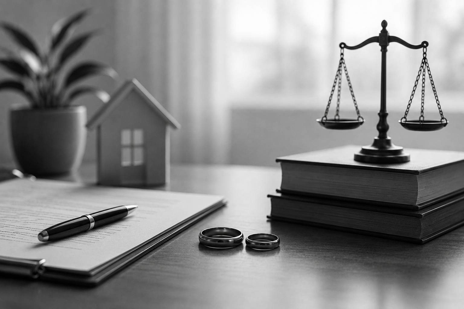 Black-and-white law office scene with legal books, justice scales, a house model, and wedding rings symbolizing legal separation and family law.