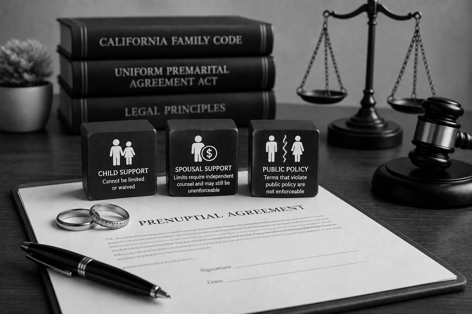 Black-and-white legal still life representing the limits of a prenuptial agreement with wedding rings, justice scales, a gavel, law books, and symbolic legal restrictions.