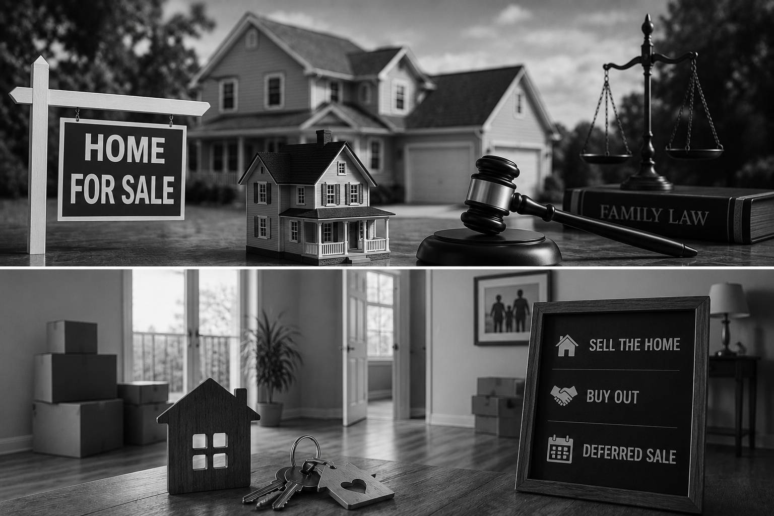 Black-and-white real estate scene showing a suburban family home, home-for-sale sign, house keys, moving boxes, gavel, and justice scales symbolizing options for dividing the marital home.