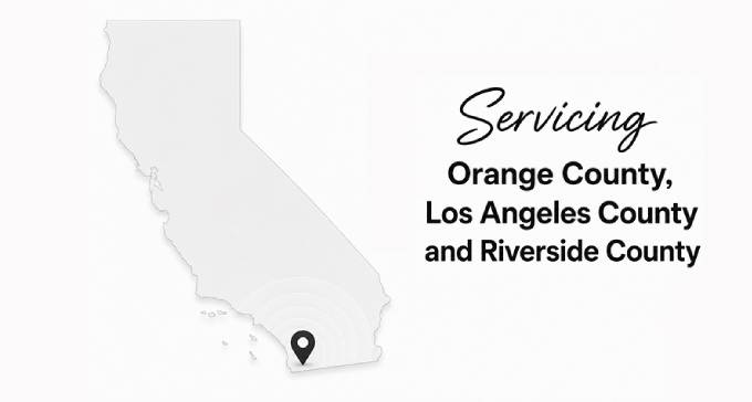 Map of California with a location marker in Southern California and text listing Orange, Los Angeles, and Riverside counties served.