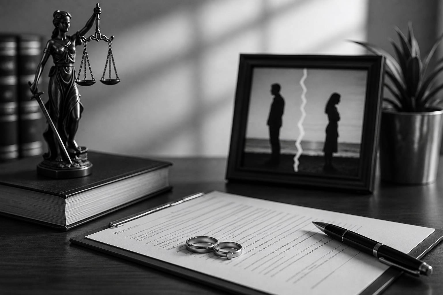 Black-and-white legal scene with Lady Justice, wedding rings, court documents, and a framed separated couple symbolizing an annulment.
