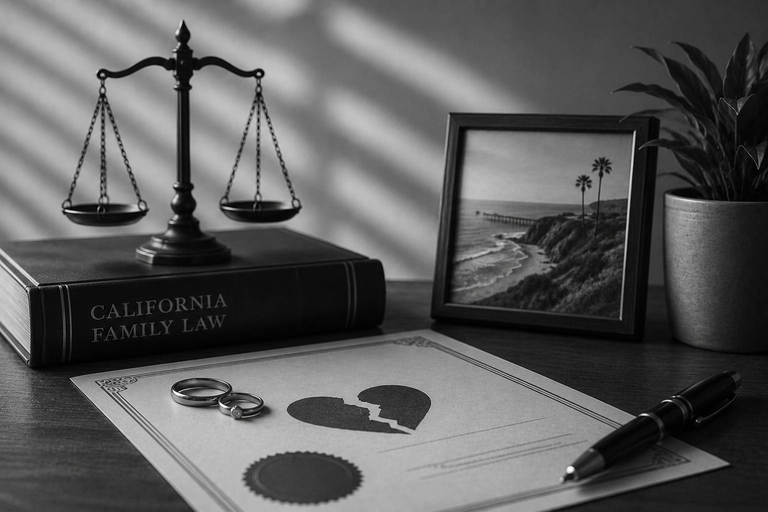 Black-and-white legal scene with wedding rings, a broken heart symbol, legal documents, justice scales, and a California family law book representing annulment proceedings.