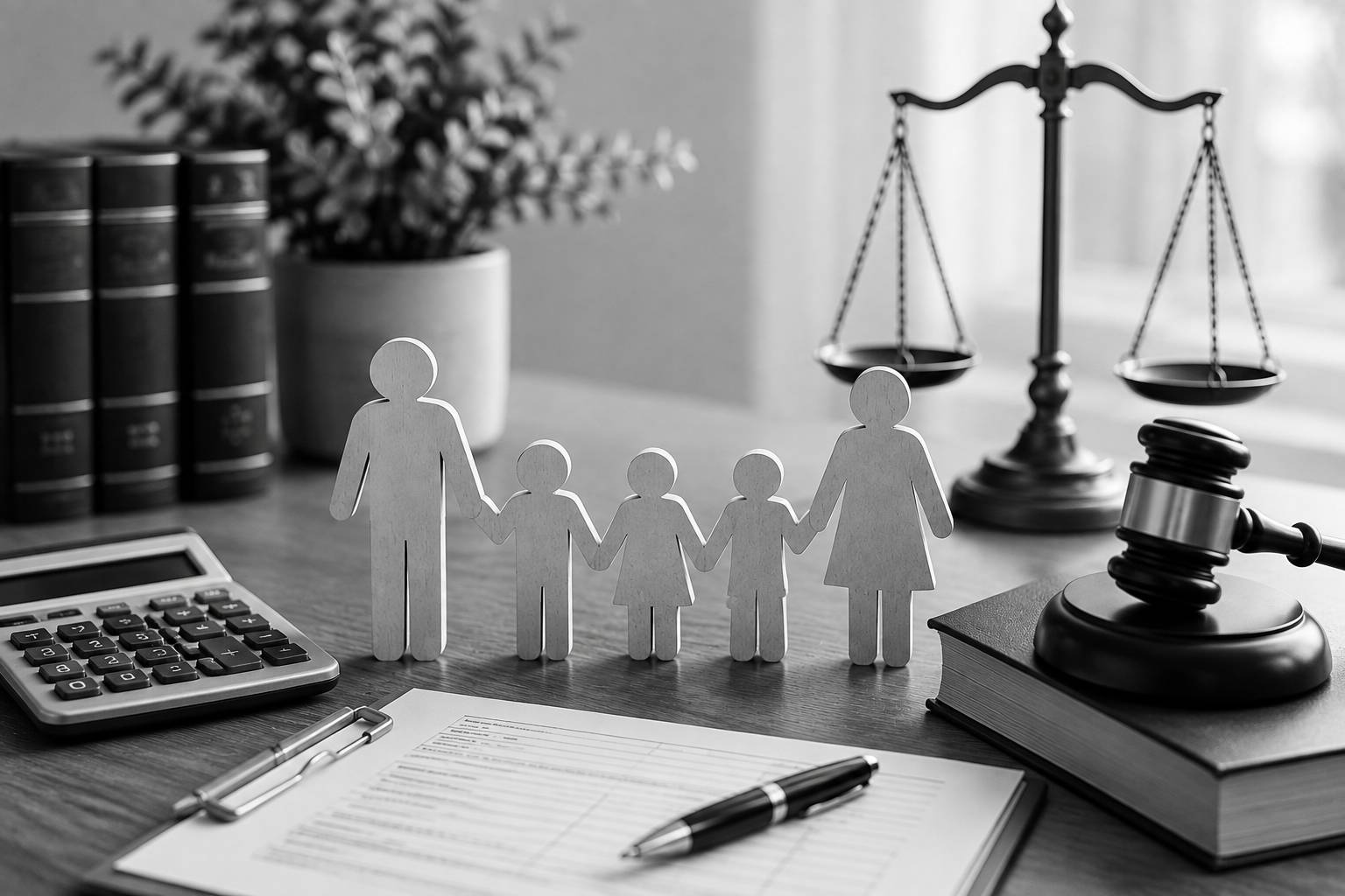 Black-and-white family law scene with parents and child figures, legal documents, a calculator, gavel, and balanced justice scales.