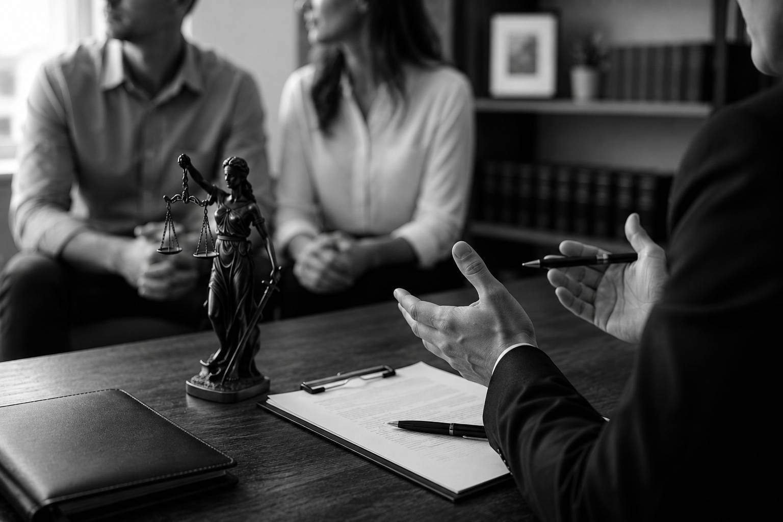Black and white image of a divorce attorney meeting with a couple at a law office, with legal documents and a Lady Justice statue on the desk.