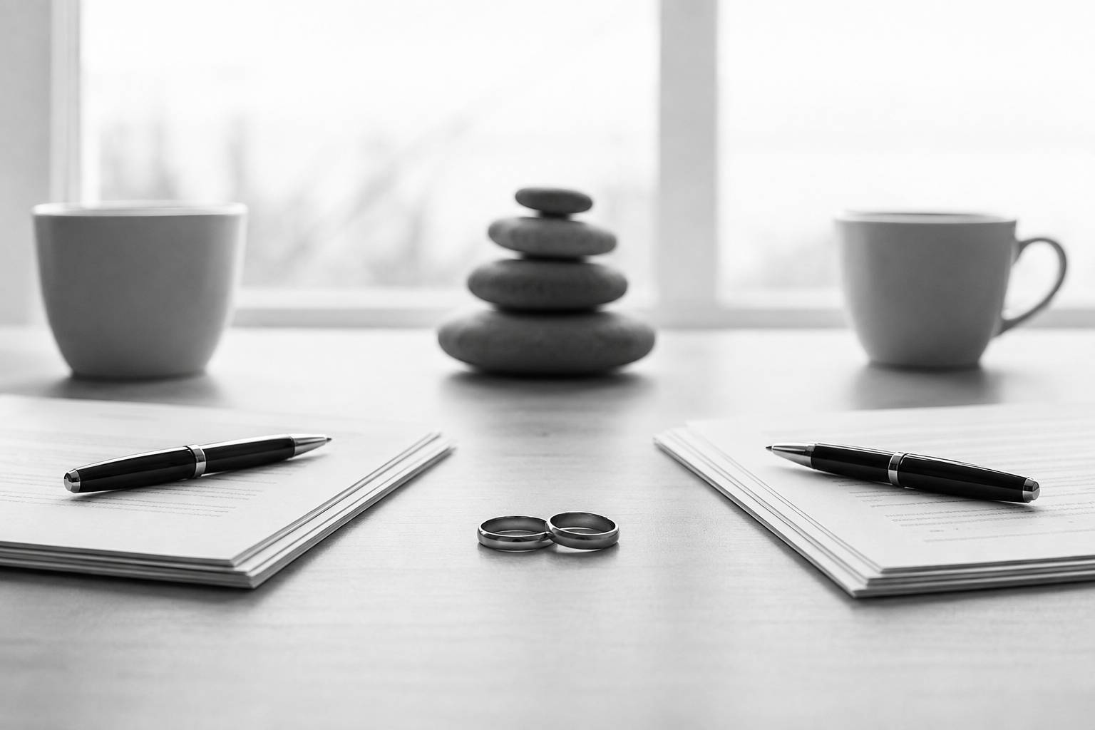 Black-and-white still life symbolizing peaceful divorce mediation, with wedding rings, balanced stones, legal documents, and pens on a table.