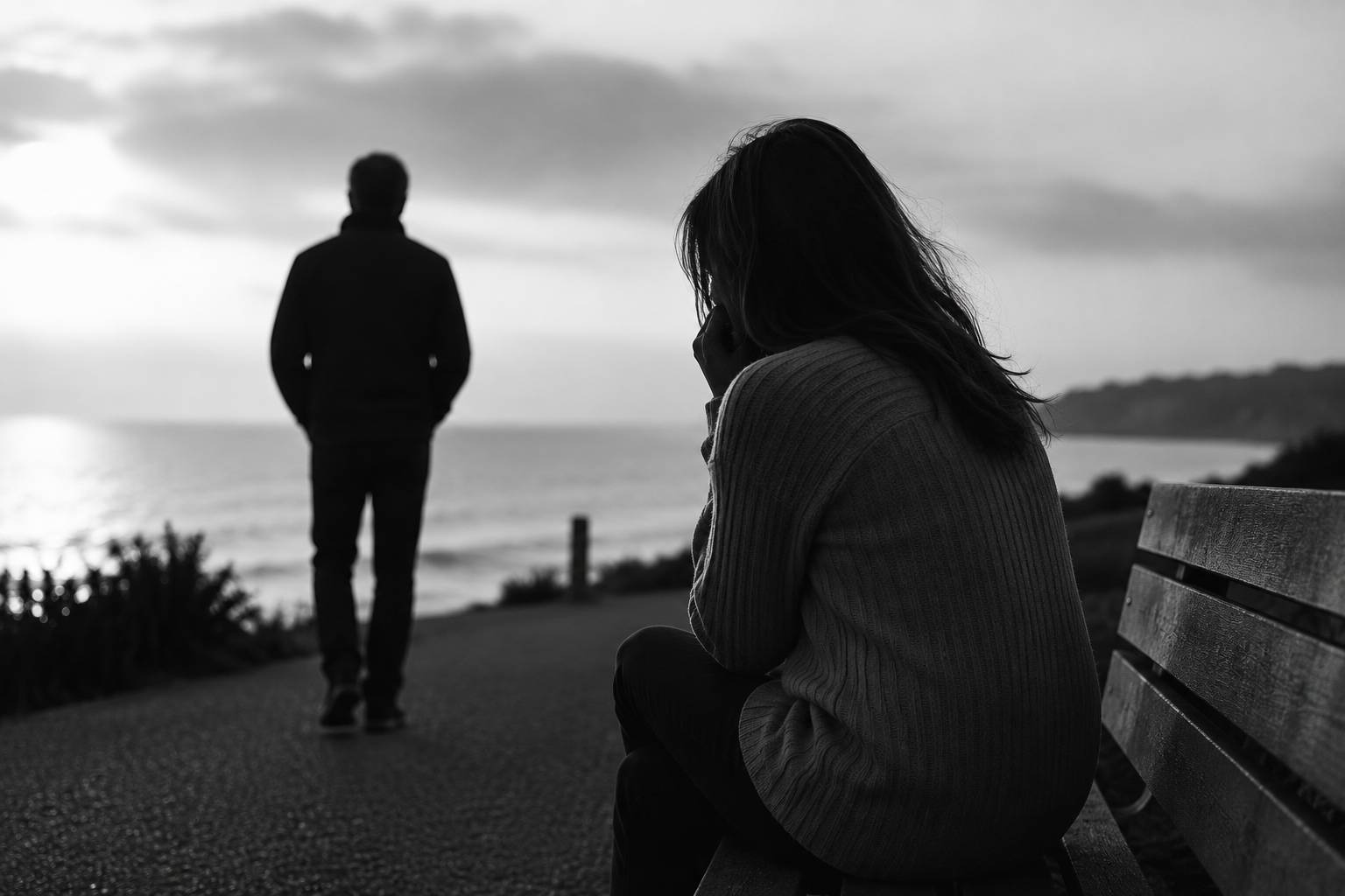 Black and white image of a couple separated along a coastal walkway, symbolizing the emotional challenges of divorce and separation.